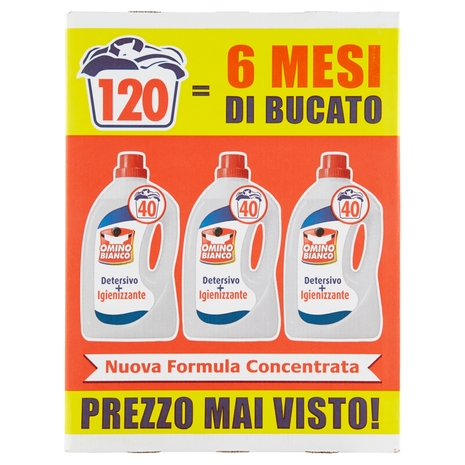 Omino Bianco - Detersivo Lavatrice Igienizzante Liquido, 40 Lavaggi, 3 x 2000 ml